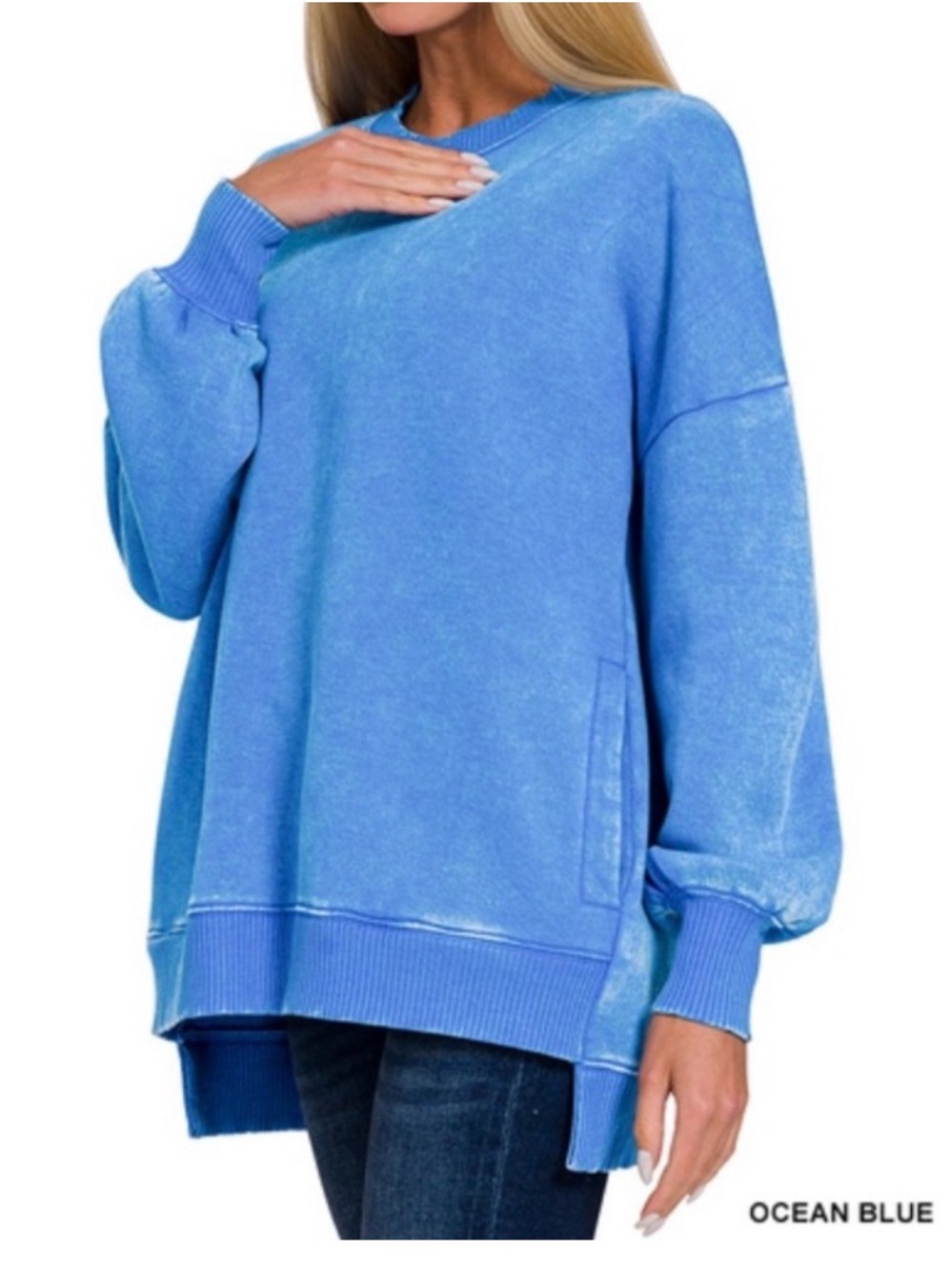 Zenana Ocean Blue Oversized fleece super soft acid wash Sweatshirt